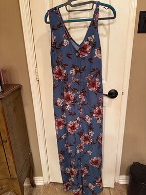 Xhilaration Blue Floral Button-Front Romper with Pink Blooms